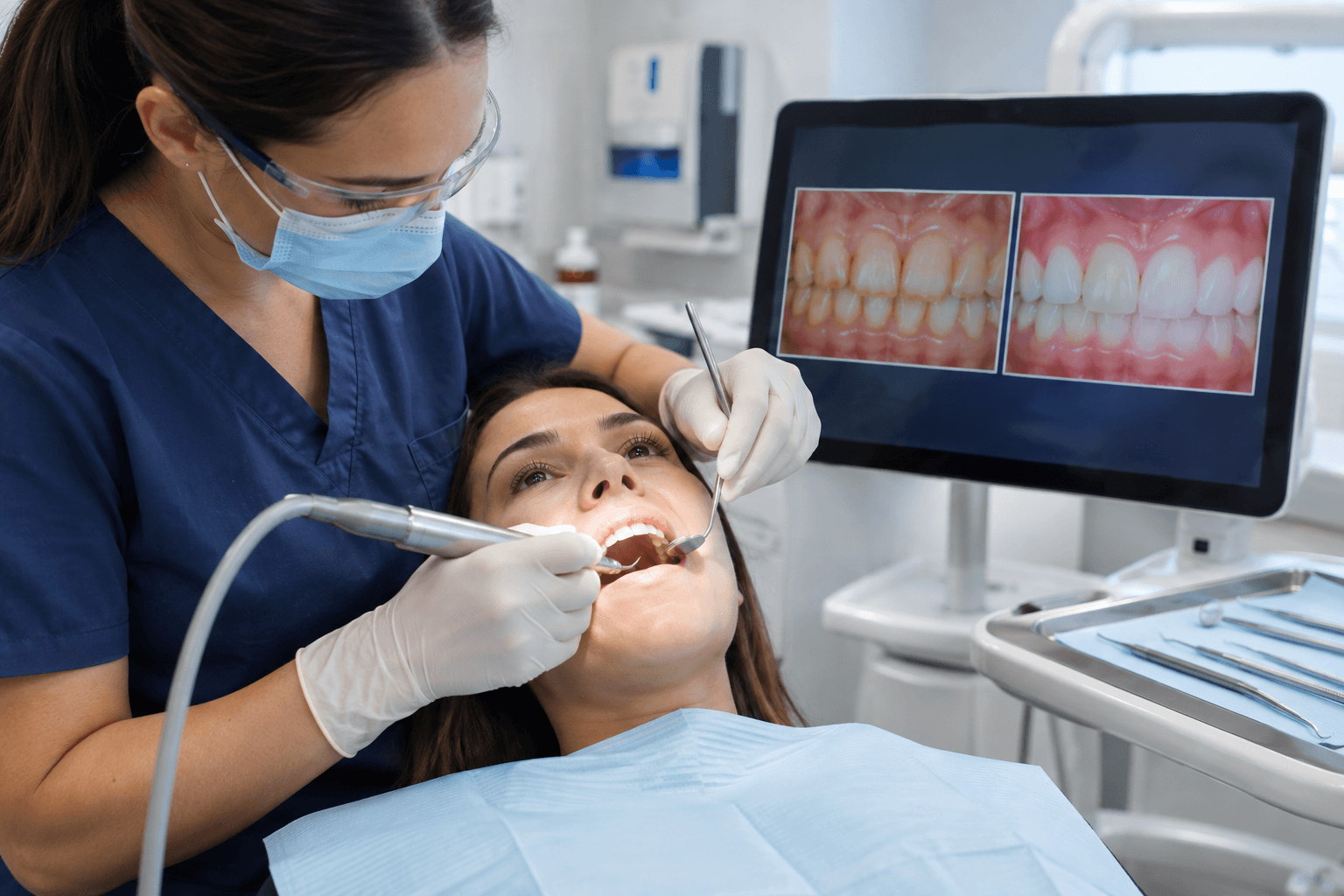 Professional teeth cleaning and baseline assessment before whitening treatment
